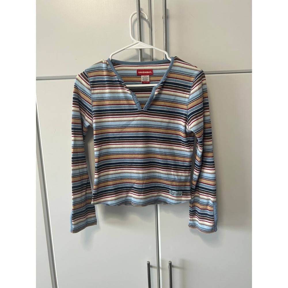 Unionbay Vintage Y2K Striped Ribbed Knit Long Sleeve Split V-Neck Top Large